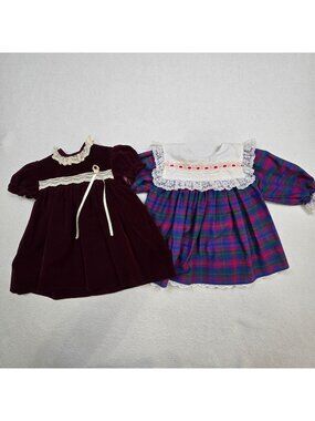 Vintage 12M Girls Dresses Plaid Long Sleeve Lace Accents Button Back Velvet Bows
